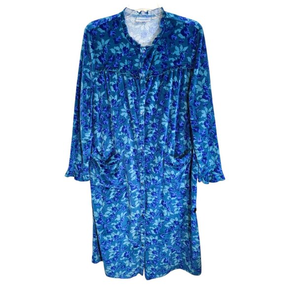 National‎ Womens Blue Floral Snap Front Robe Long Sleeve Ruffled Cuffs Size L - Picture 1 of 10
